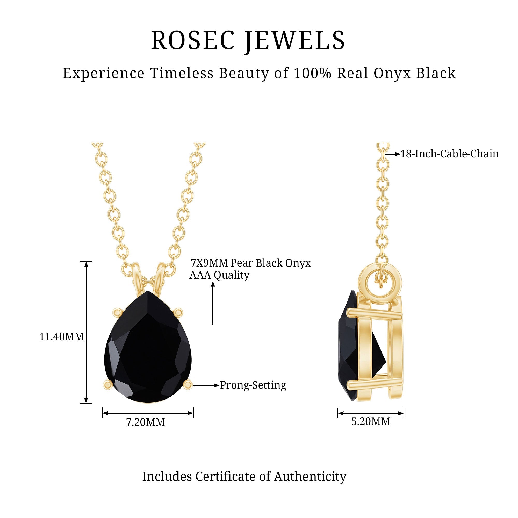 1.6 Carat Pear Shaped Black Onyx Solitaire Necklace with Silver Chain