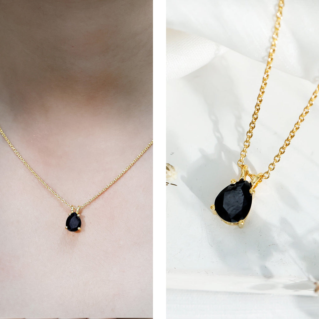 1.6 Carat Pear Shaped Black Onyx Solitaire Necklace with Silver Chain