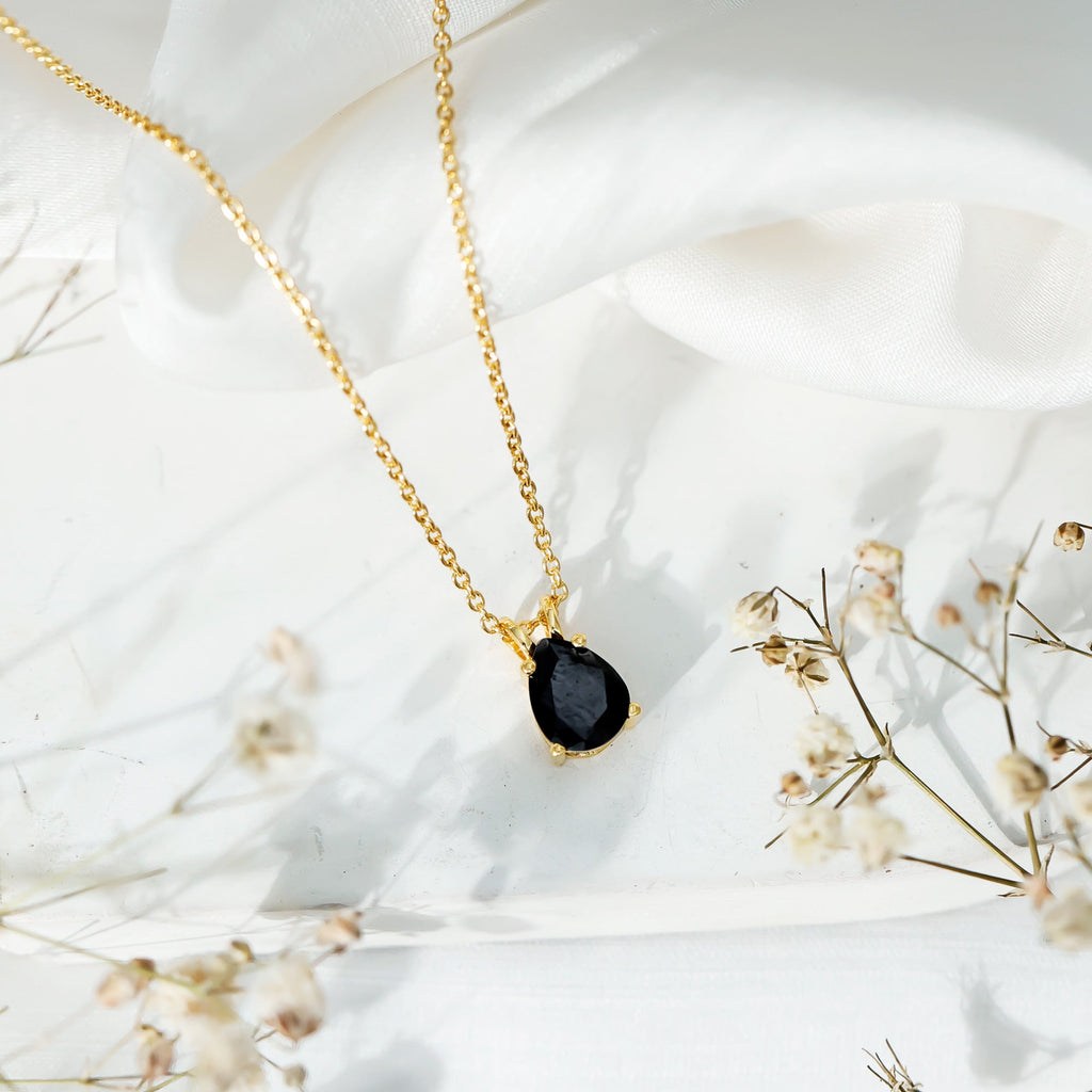 1.6 Carat Pear Shaped Black Onyx Solitaire Necklace with Silver Chain