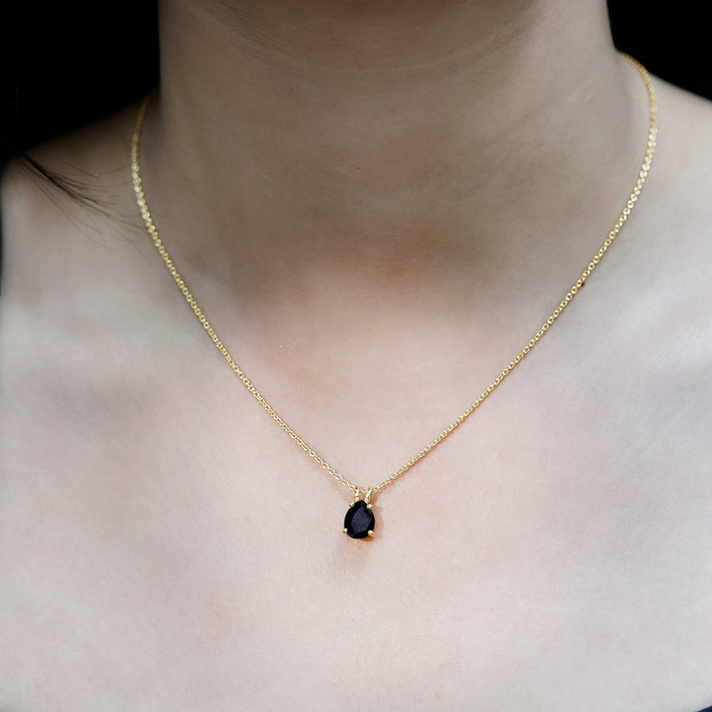 1.6 Carat Pear Shaped Black Onyx Solitaire Necklace with Silver Chain