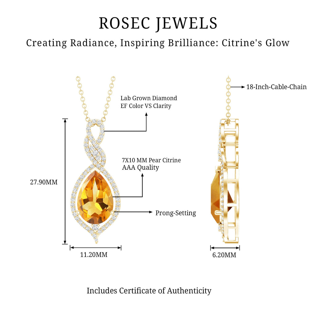 Citrine Bridal Necklace – Pear Shaped Pendant | Diamond Accent 14K Gold Plated Silver
