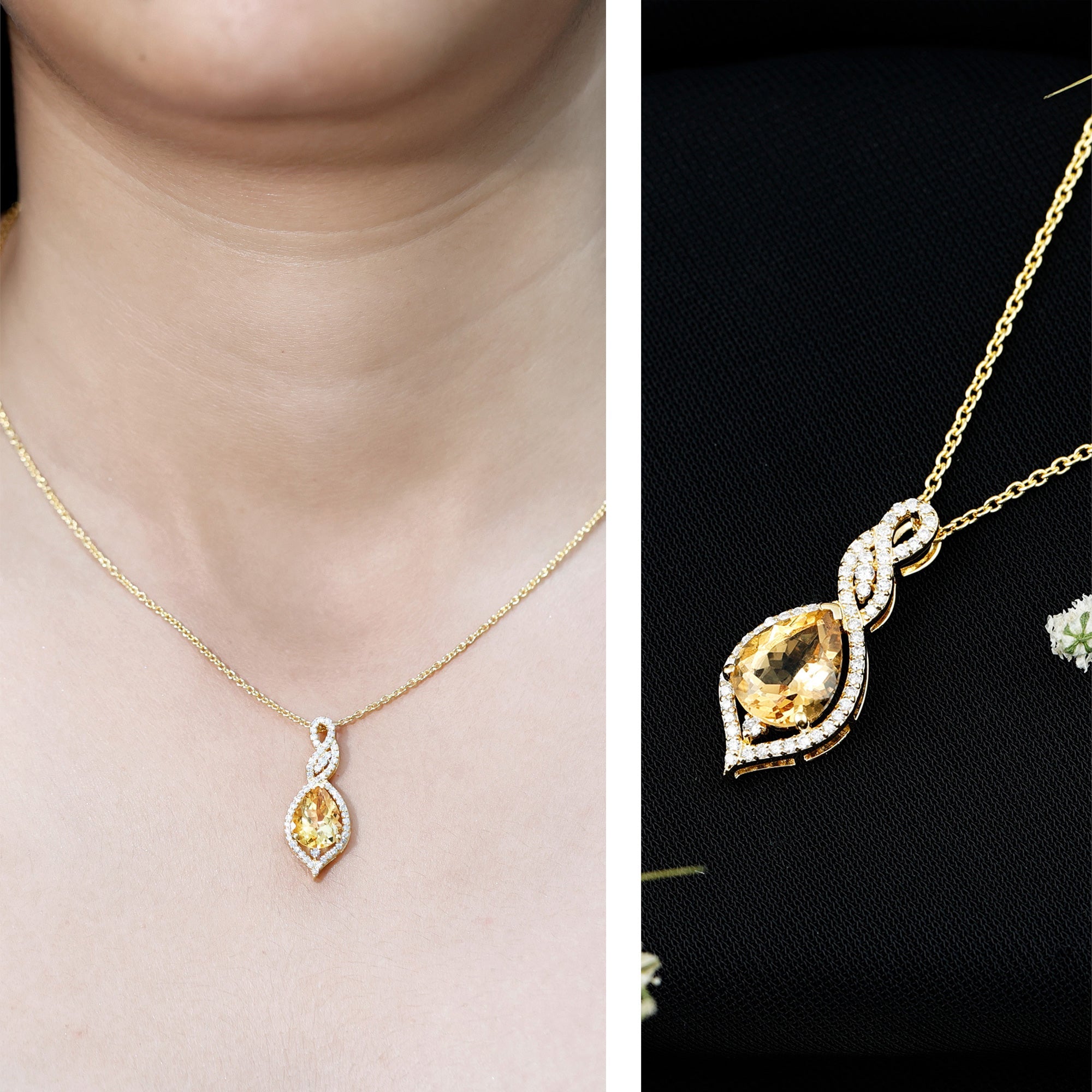 Citrine Bridal Necklace – Pear Shaped Pendant | Diamond Accent 14K Gold Plated Silver