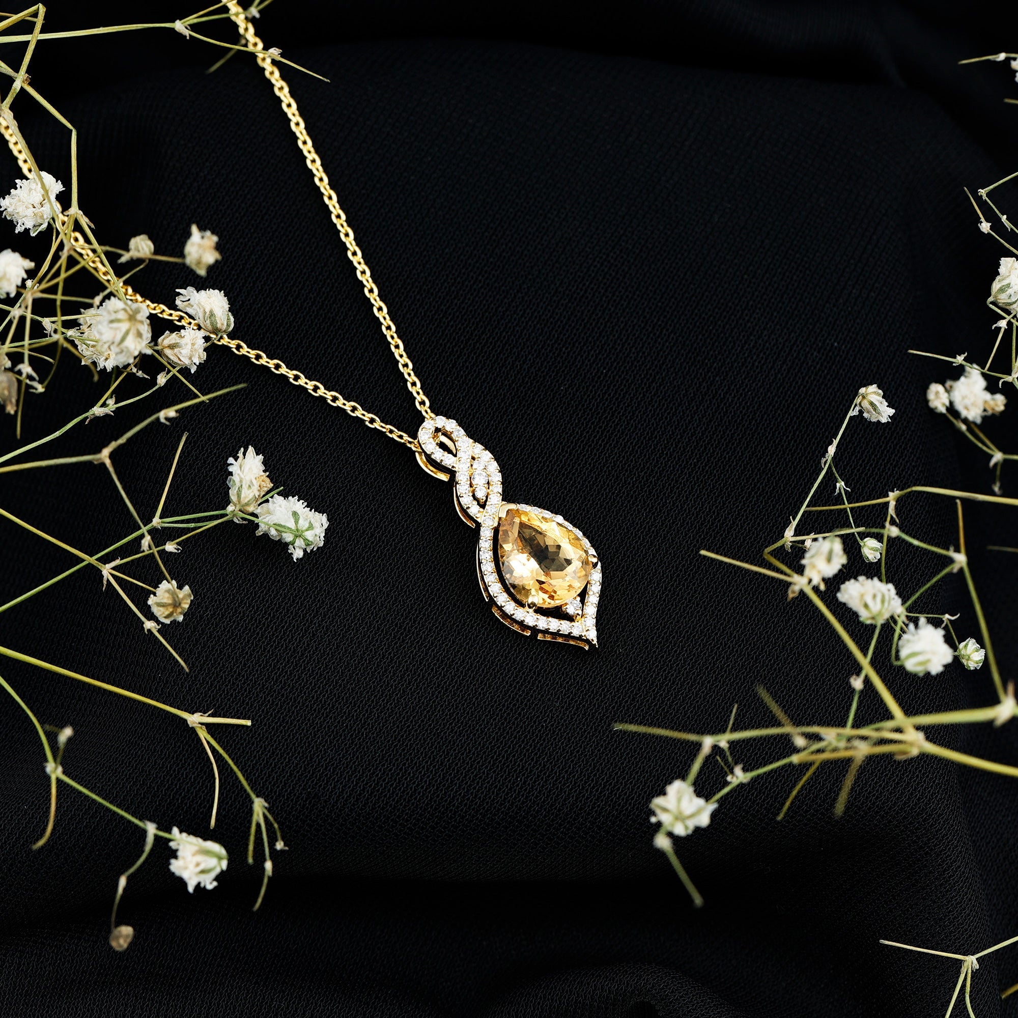 Citrine Bridal Necklace – Pear Shaped Pendant | Diamond Accent 14K Gold Plated Silver