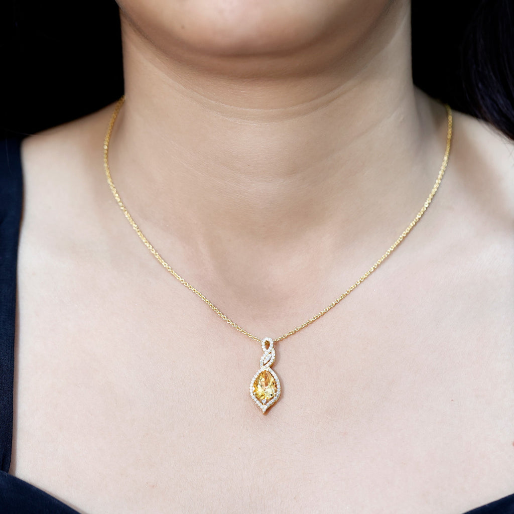 Citrine Bridal Necklace – Pear Shaped Pendant | Diamond Accent 14K Gold Plated Silver