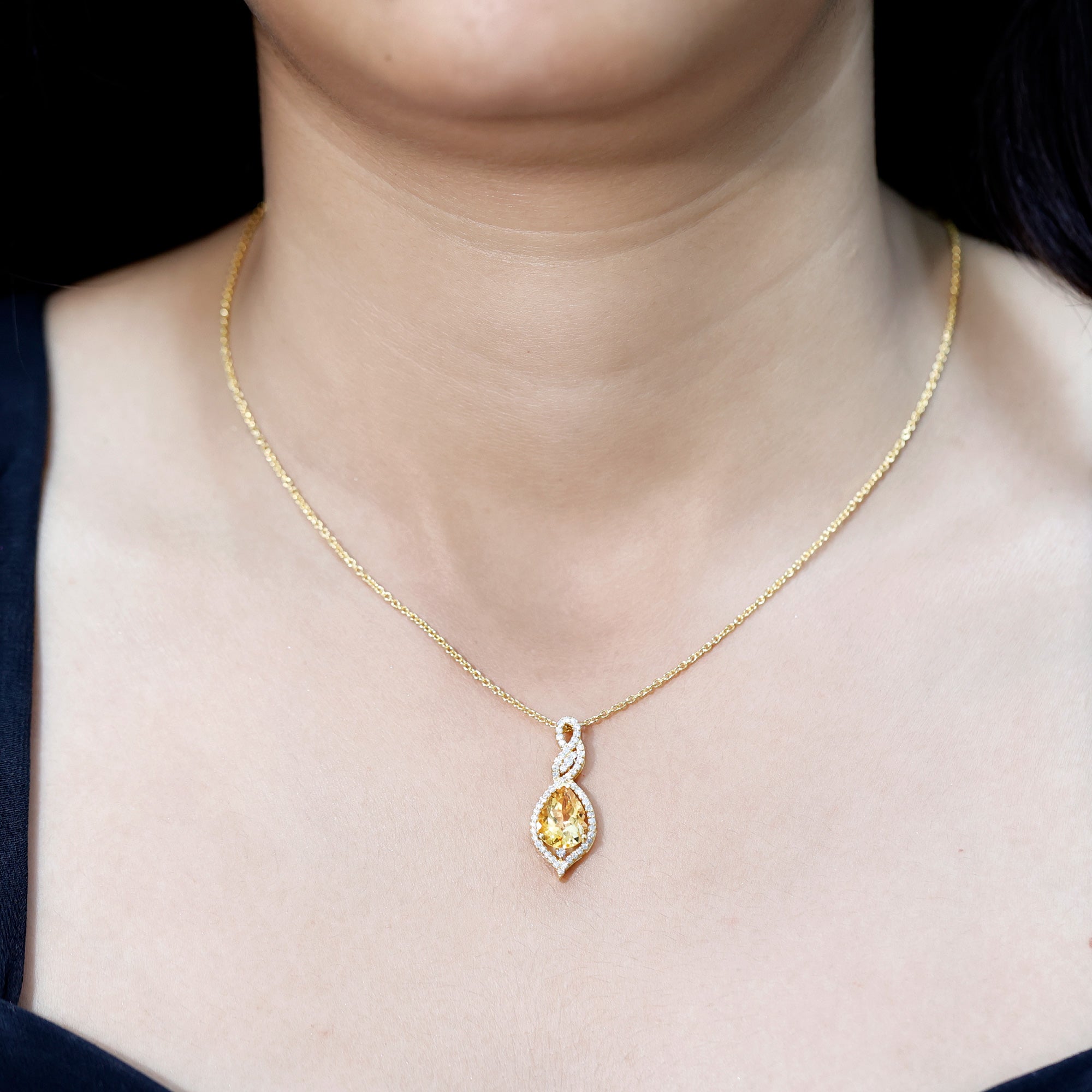 Citrine Bridal Necklace – Pear Shaped Pendant | Diamond Accent 14K Gold Plated Silver
