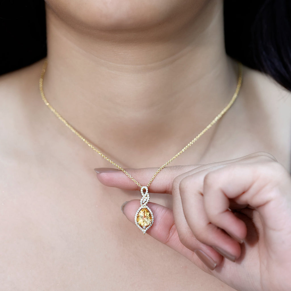 Citrine Bridal Necklace – Pear Shaped Pendant | Diamond Accent 14K Gold Plated Silver