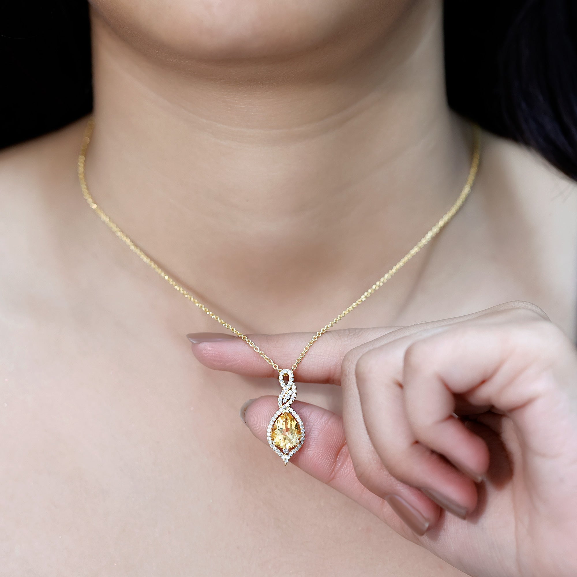 Citrine Bridal Necklace – Pear Shaped Pendant | Diamond Accent 14K Gold Plated Silver