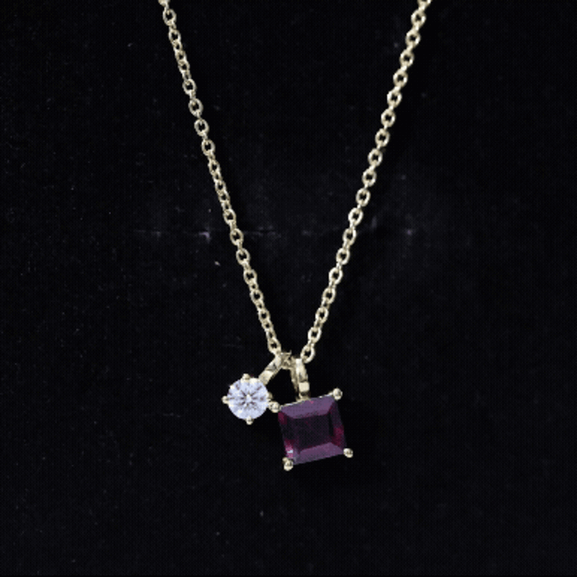 Rhodolite Garnet Necklace – Princess Cut Pendant with Moissanite Charm | 14k Gold Silver