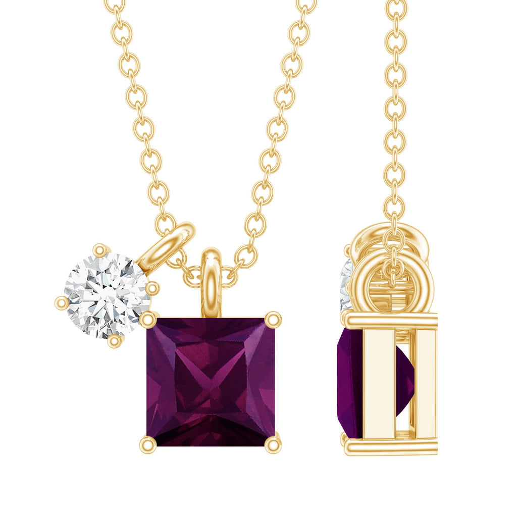 Rhodolite Garnet Necklace – Princess Cut Pendant with Moissanite Charm | 14k Gold Silver
