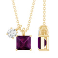 Rhodolite Garnet Necklace – Princess Cut Pendant with Moissanite Charm | 14k Gold Silver