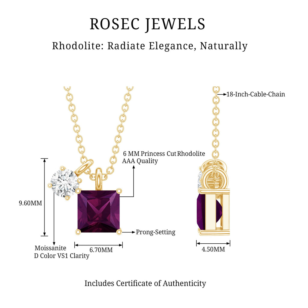 Rhodolite Garnet Necklace – Princess Cut Pendant with Moissanite Charm | 14k Gold Silver