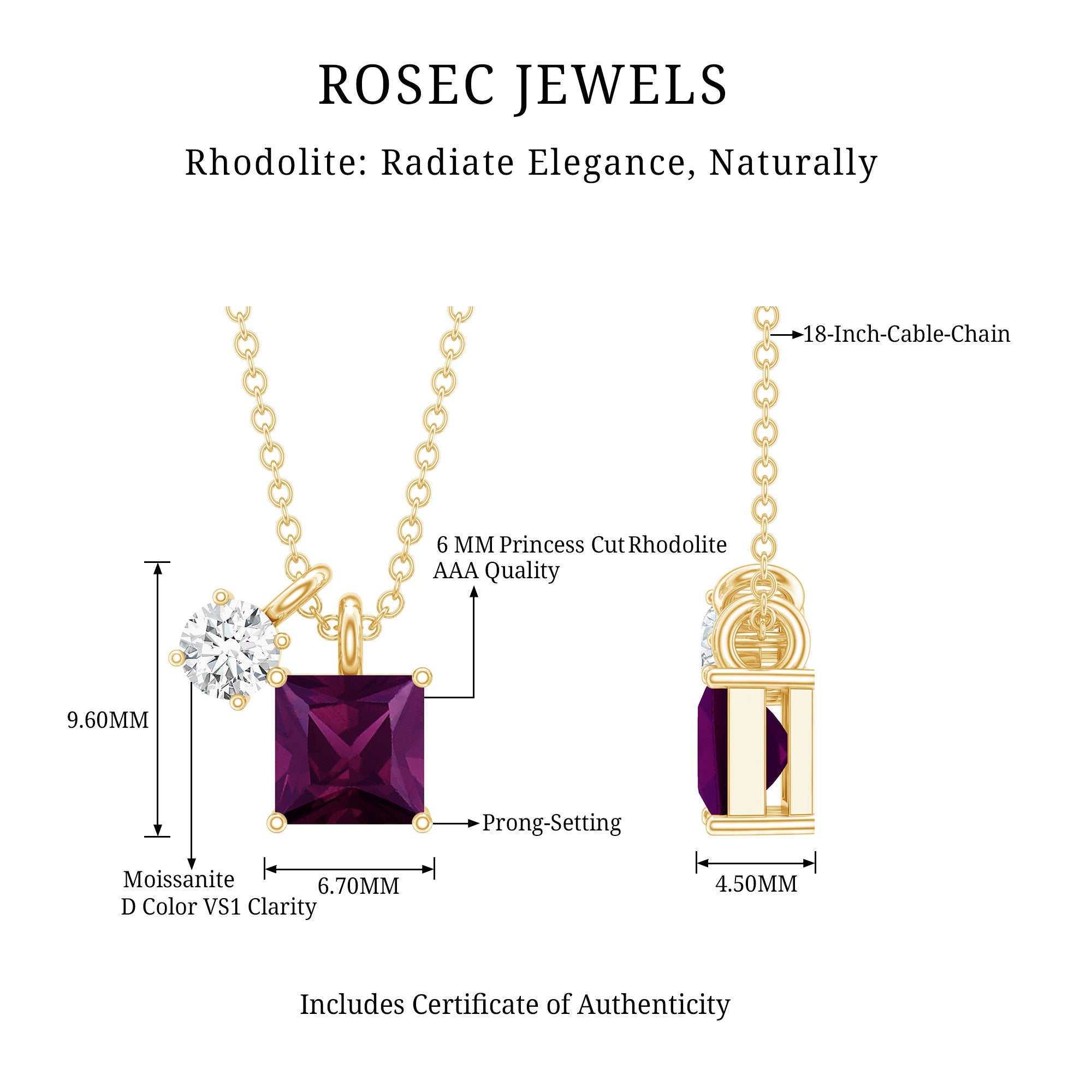 Rhodolite Garnet Necklace – Princess Cut Pendant with Moissanite Charm | 14k Gold Silver