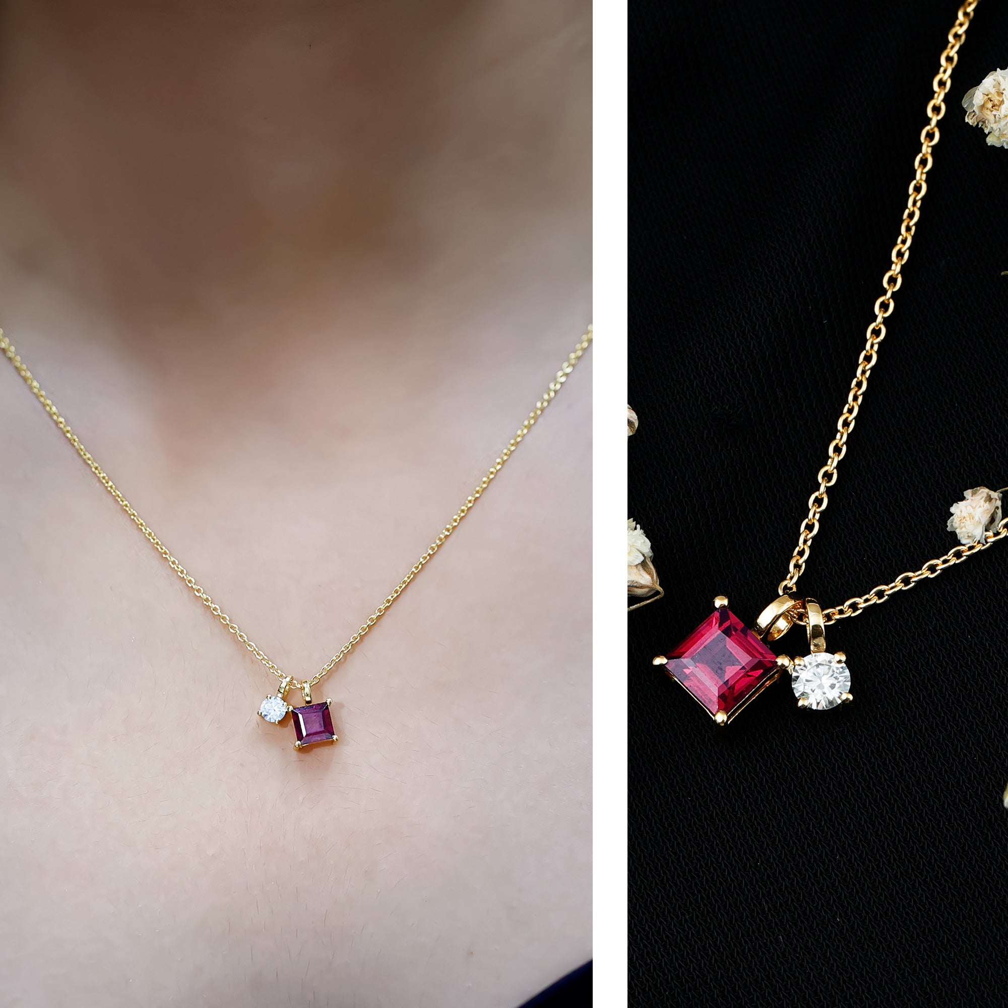 Rhodolite Garnet Necklace – Princess Cut Pendant with Moissanite Charm | 14k Gold Silver