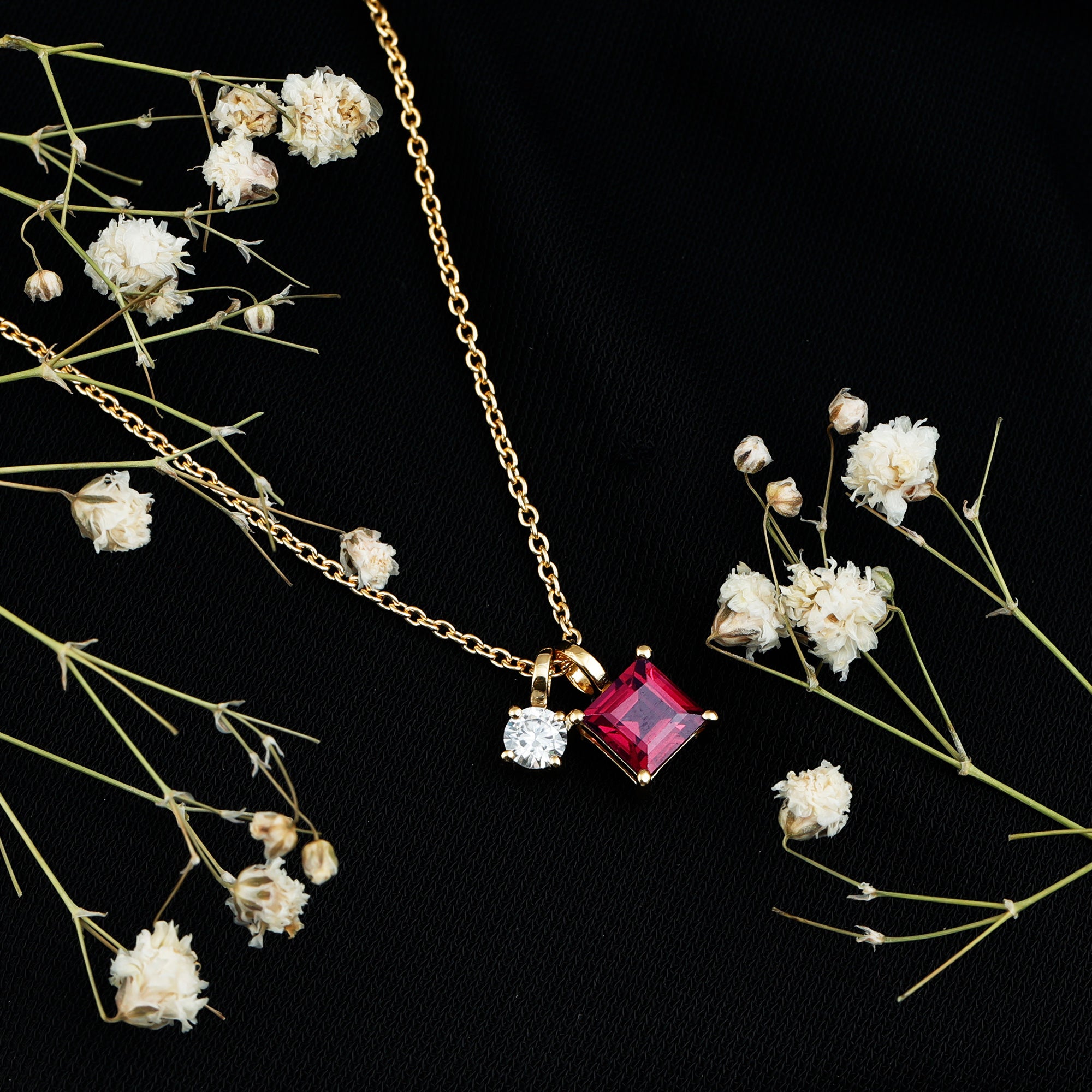 Rhodolite Garnet Necklace – Princess Cut Pendant with Moissanite Charm | 14k Gold Silver