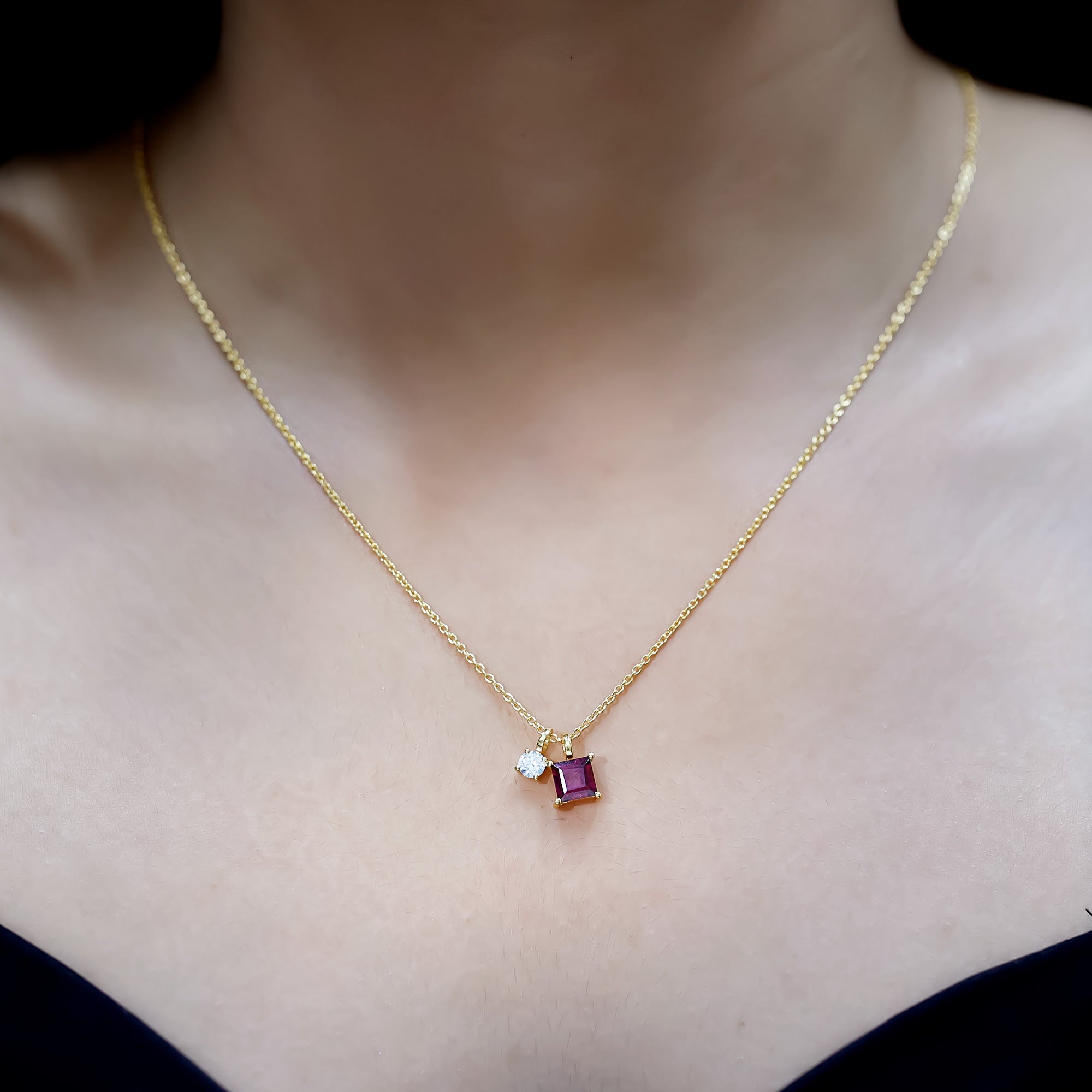 Rhodolite Garnet Necklace – Princess Cut Pendant with Moissanite Charm | 14k Gold Silver