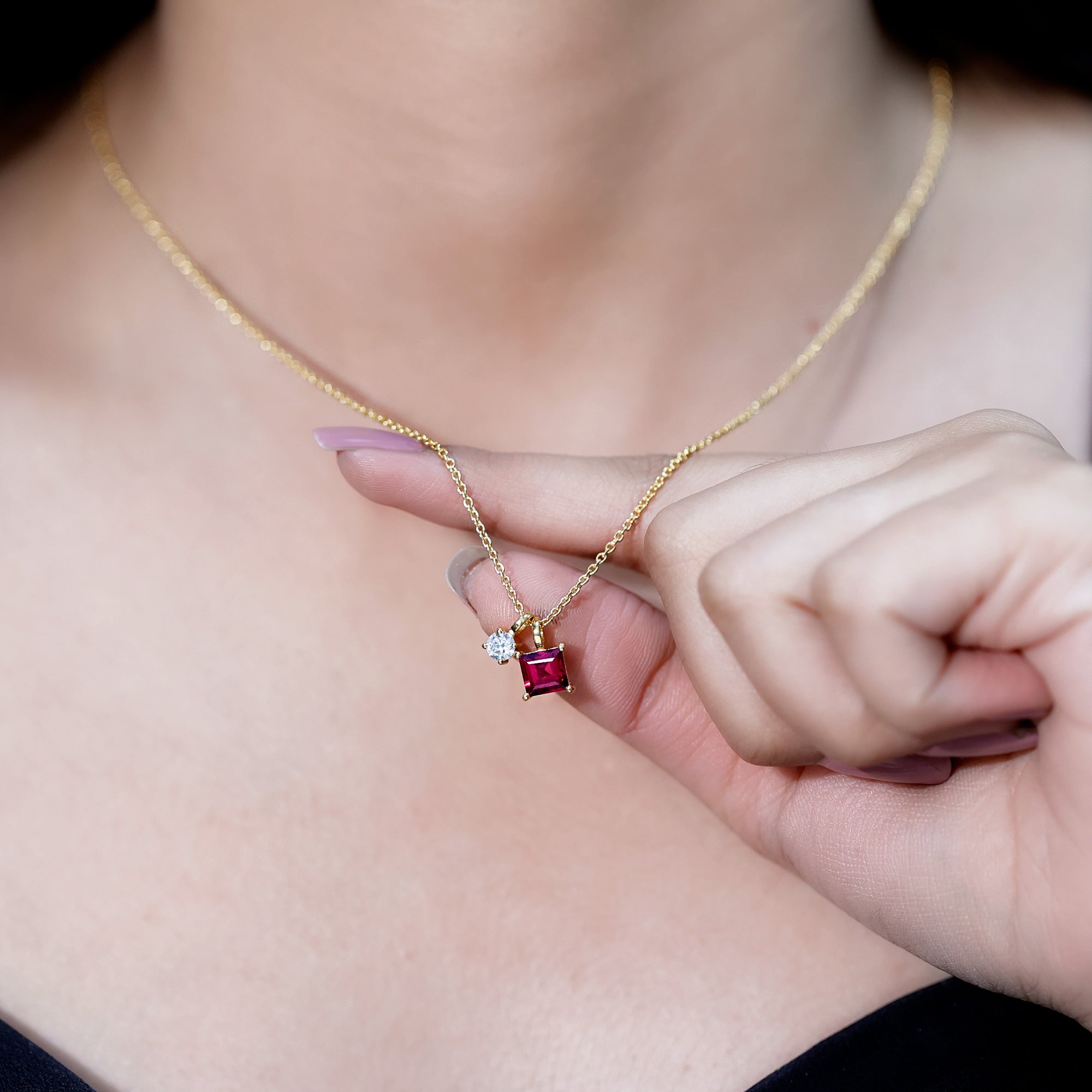 Rhodolite Garnet Necklace – Princess Cut Pendant with Moissanite Charm | 14k Gold Silver