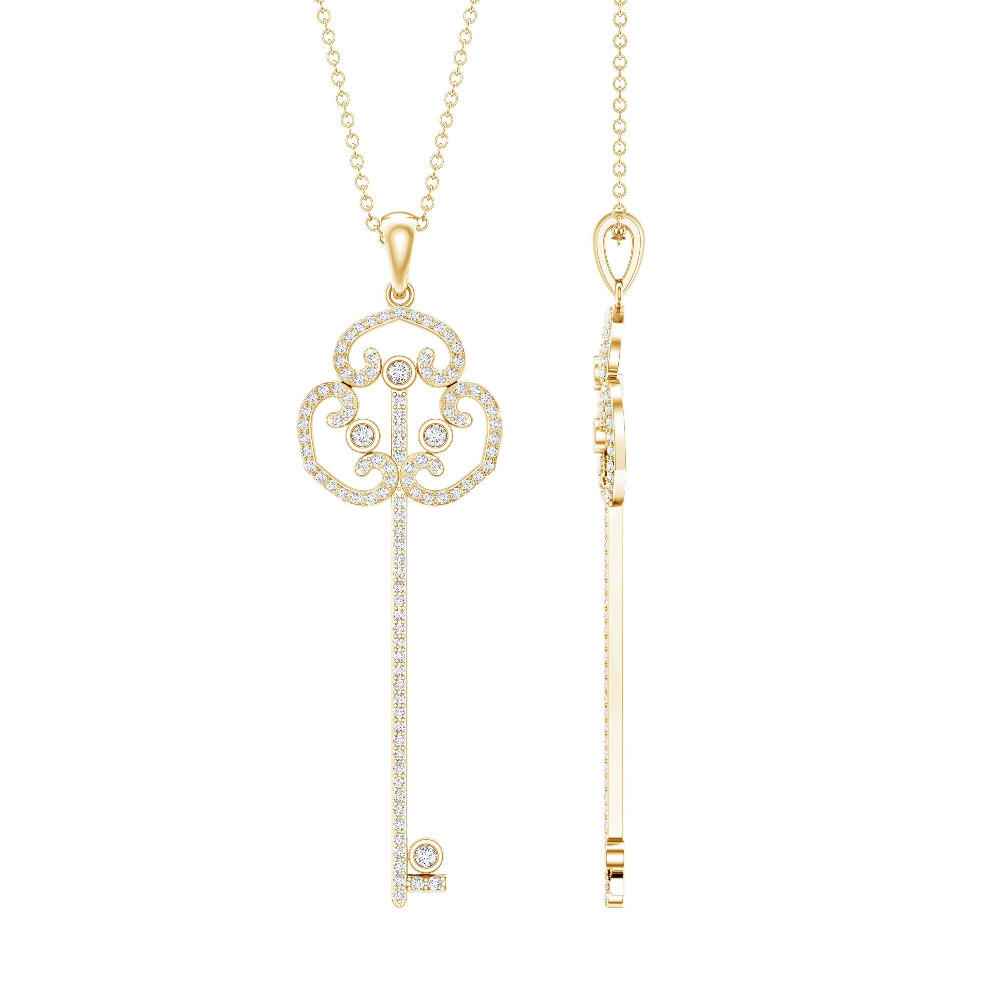 Lab Created Diamond Necklace – Vintage Style Key Pendant Charm with Round Cut Diamonds