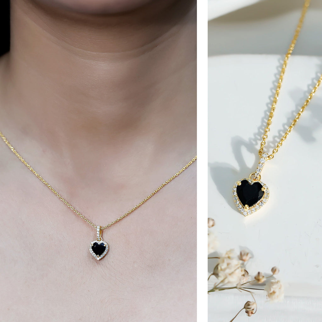 Certified 1.45 Carat Black Onyx Heart Necklace with Lab Diamond Halo