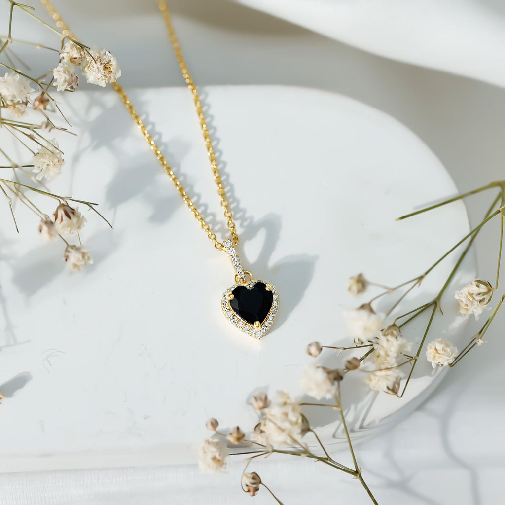 Certified 1.45 Carat Black Onyx Heart Necklace with Lab Diamond Halo