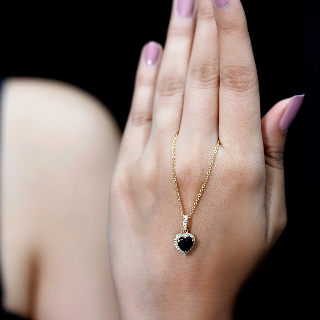 Certified 1.45 Carat Black Onyx Heart Necklace with Lab Diamond Halo