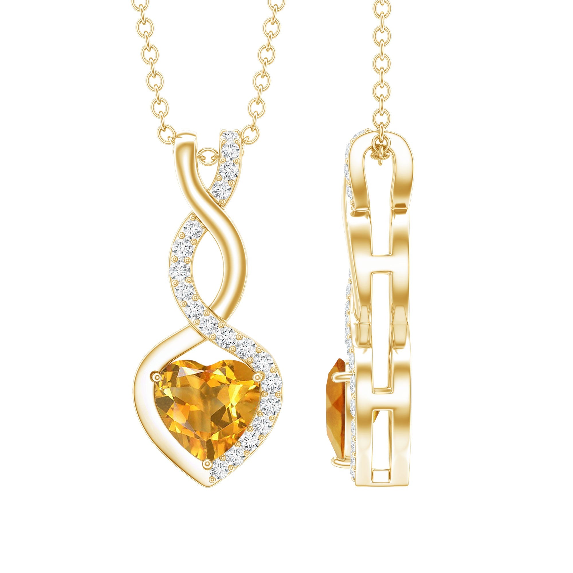 Citrine Heart Necklace – Infinity Heart Pendant with Diamond Accent in 14k Gold Plated Silver