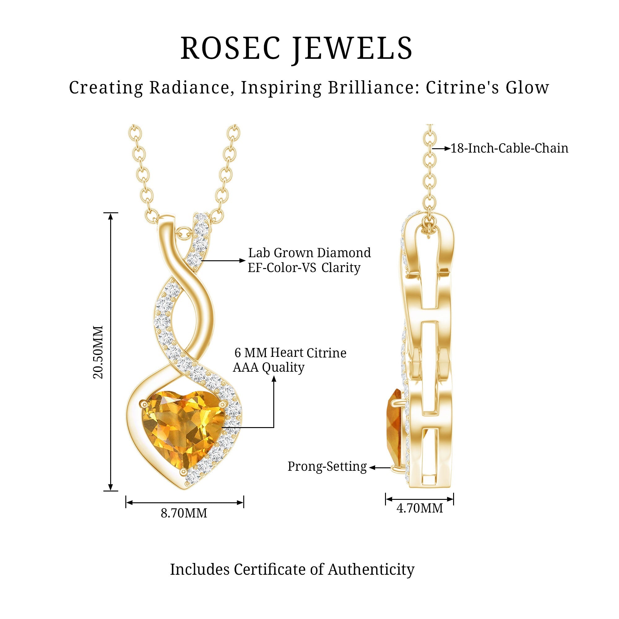 Citrine Heart Necklace – Infinity Heart Pendant with Diamond Accent in 14k Gold Plated Silver