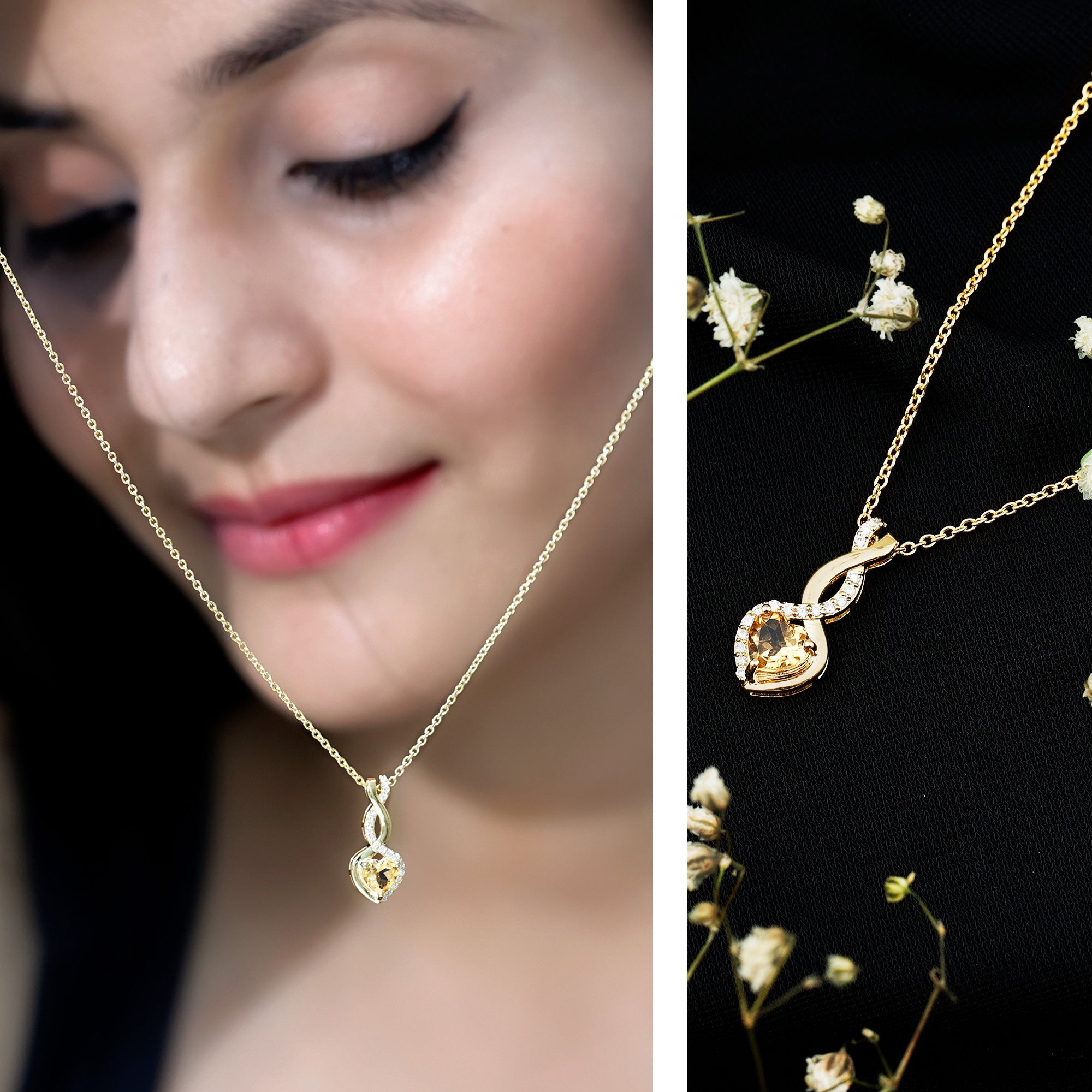 Citrine Heart Necklace – Infinity Heart Pendant with Diamond Accent in 14k Gold Plated Silver
