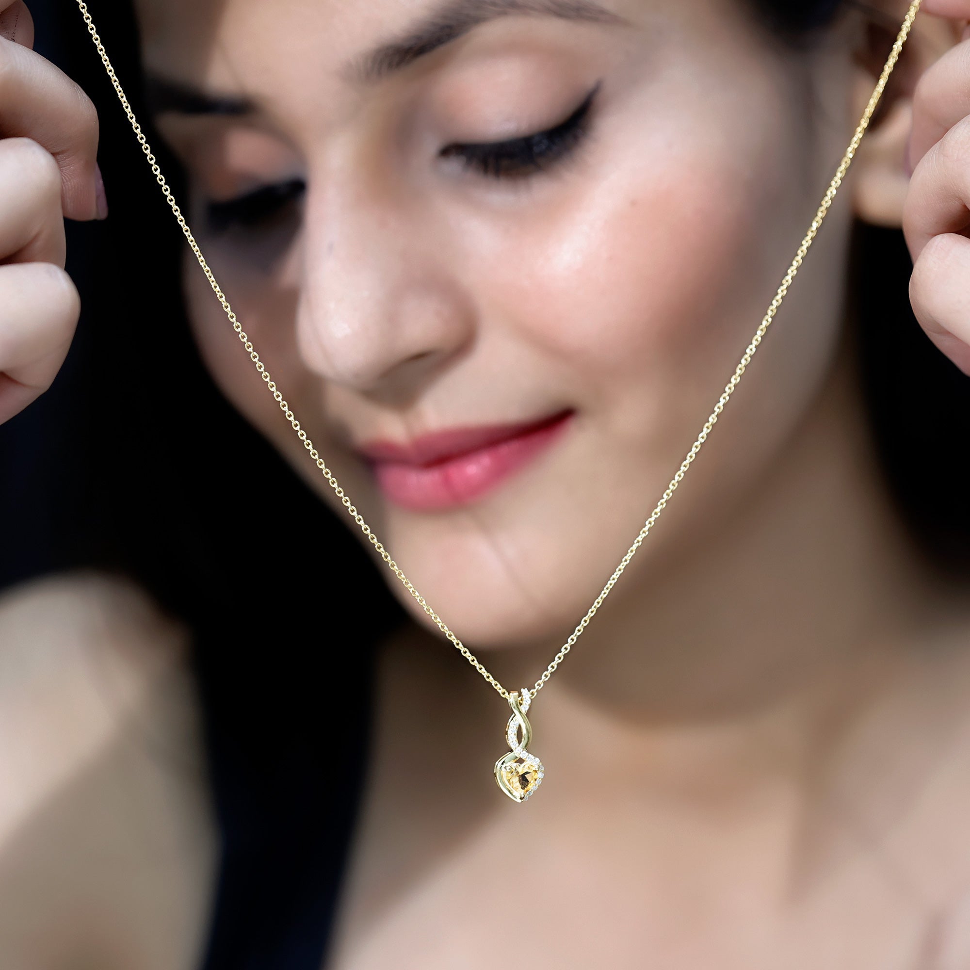 Citrine Heart Necklace – Infinity Heart Pendant with Diamond Accent in 14k Gold Plated Silver