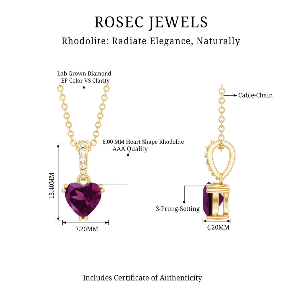 Rhodolite Heart Necklace – Natural Rhodolite Gemstone, Diamond Accent Bail, 14K Gold Plated
