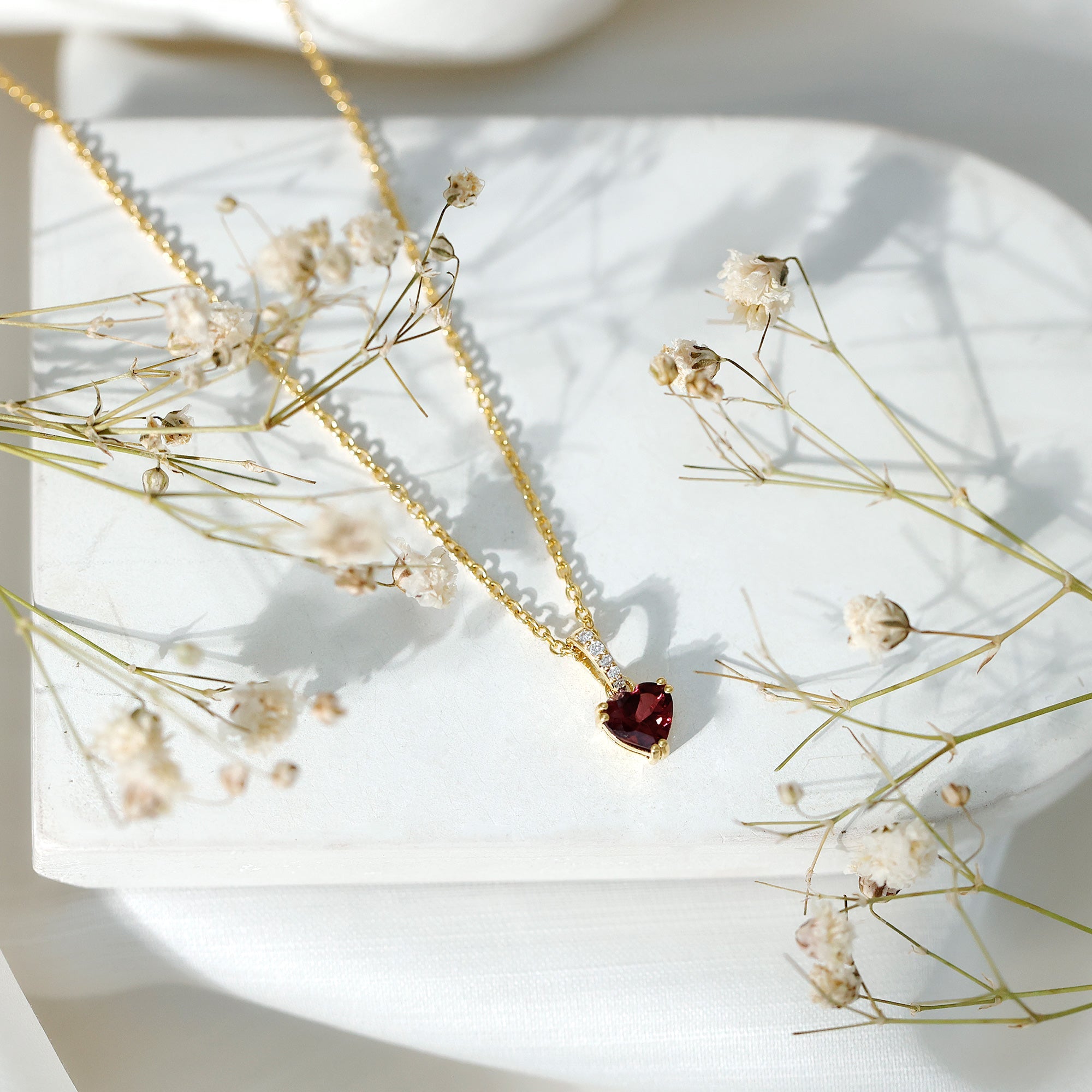 Rhodolite Heart Necklace – Natural Rhodolite Gemstone, Diamond Accent Bail, 14K Gold Plated