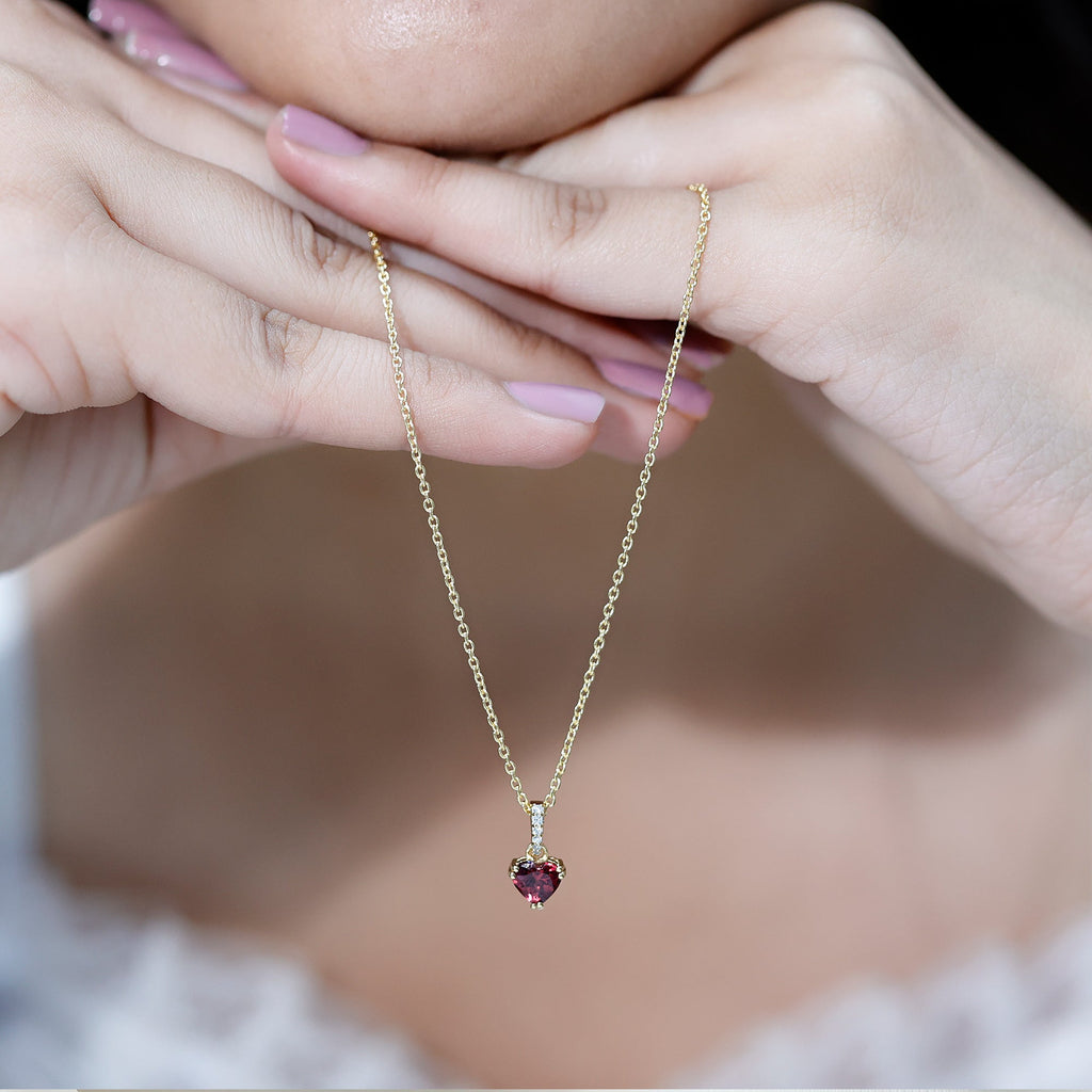 Rhodolite Heart Necklace – Natural Rhodolite Gemstone, Diamond Accent Bail, 14K Gold Plated