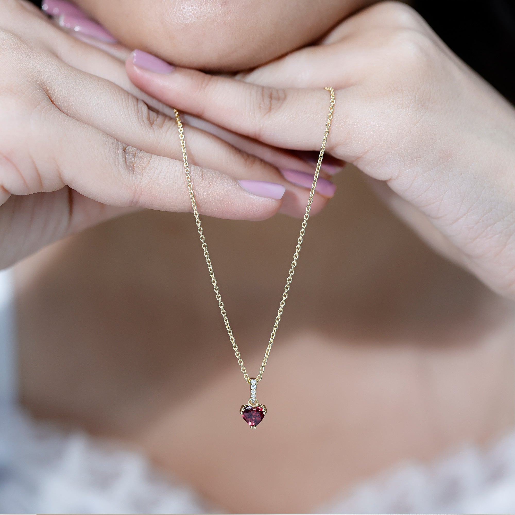 Rhodolite Heart Necklace – Natural Rhodolite Gemstone, Diamond Accent Bail, 14K Gold Plated