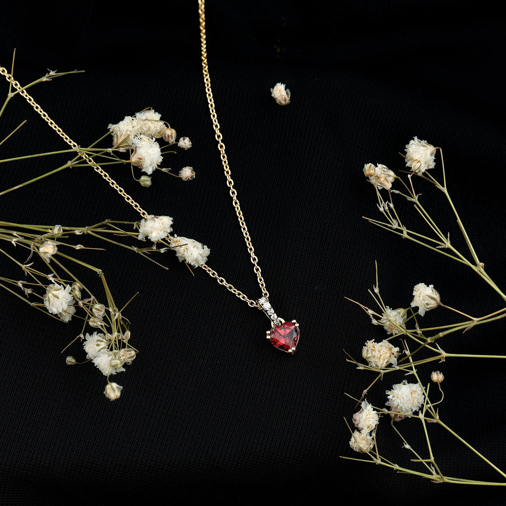 Rhodolite Heart Necklace – Natural Rhodolite Gemstone, Diamond Accent Bail, 14K Gold Plated