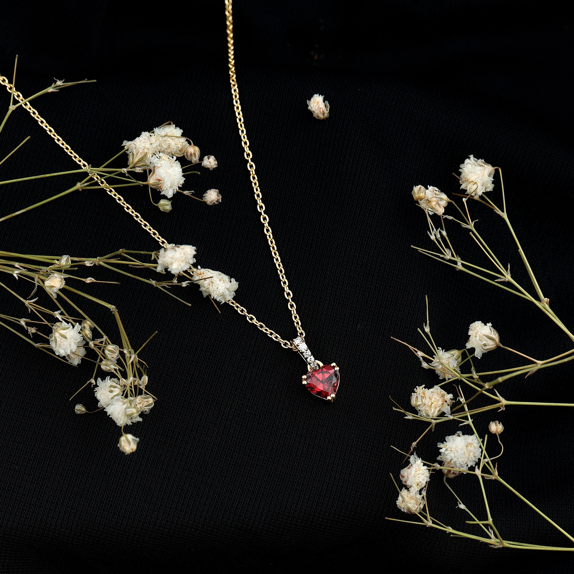 Rhodolite Heart Necklace – Natural Rhodolite Gemstone, Diamond Accent Bail, 14K Gold Plated