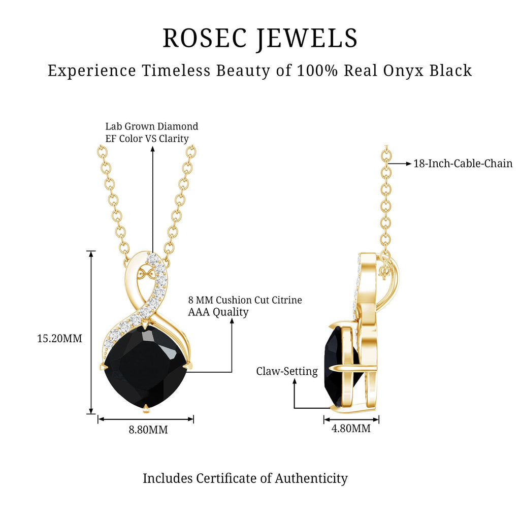 Cushion Cut 2 Carat Black Onyx Infinity Pendant Necklace with Lab Diamond
