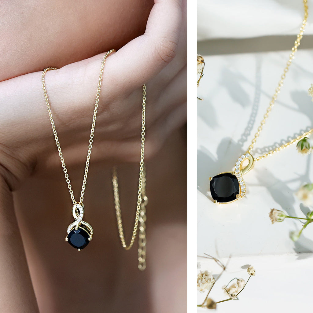 Cushion Cut 2 Carat Black Onyx Infinity Pendant Necklace with Lab Diamond