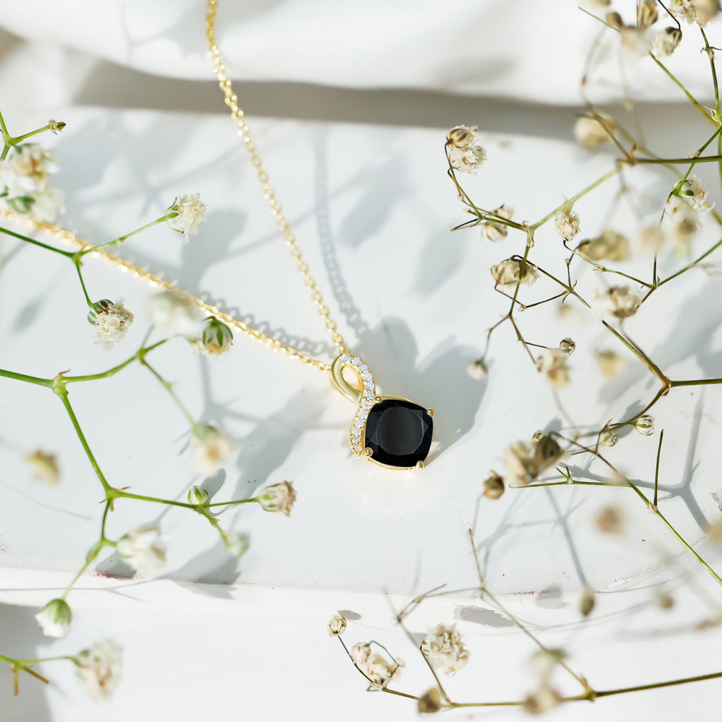 Cushion Cut 2 Carat Black Onyx Infinity Pendant Necklace with Lab Diamond