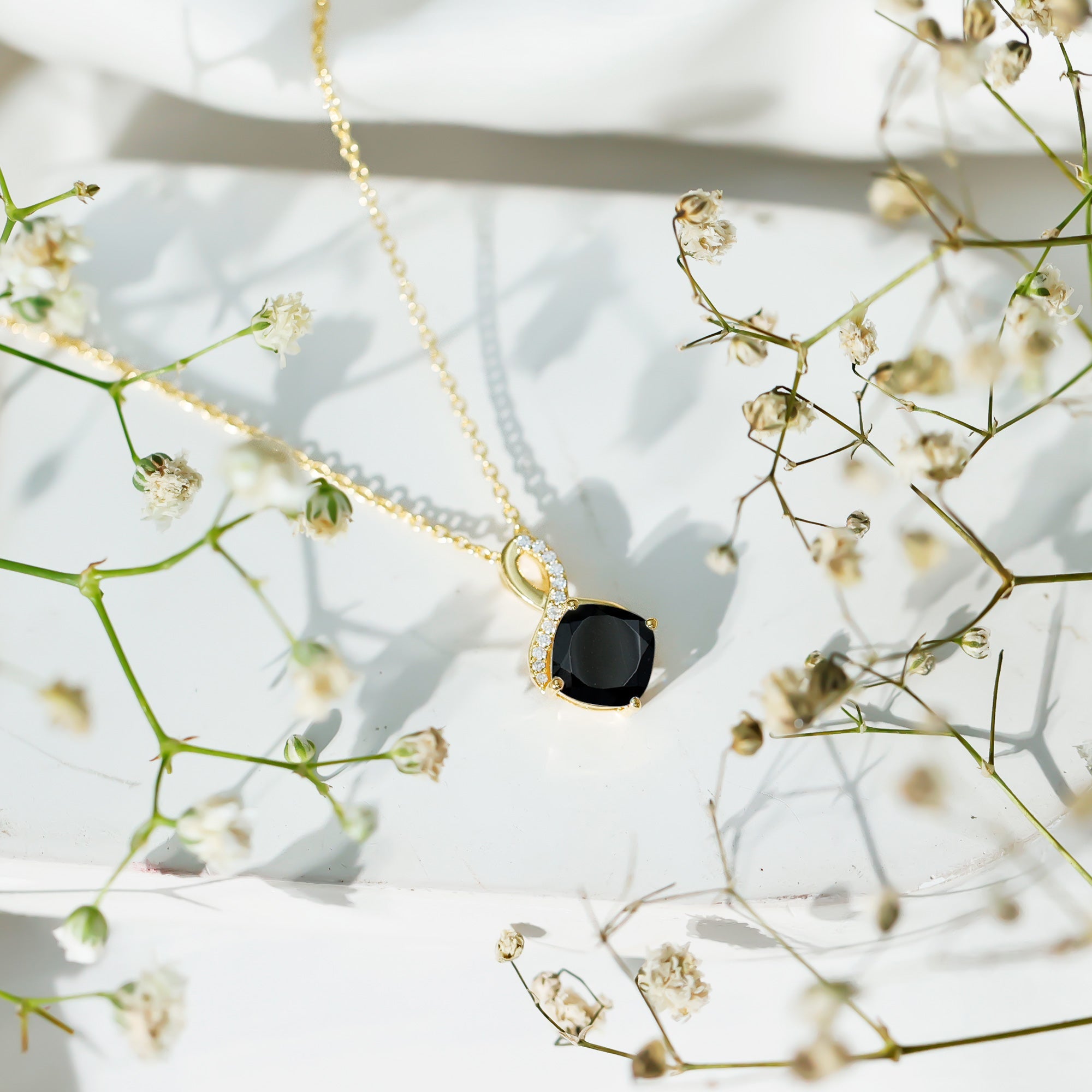 Cushion Cut 2 Carat Black Onyx Infinity Pendant Necklace with Lab Diamond
