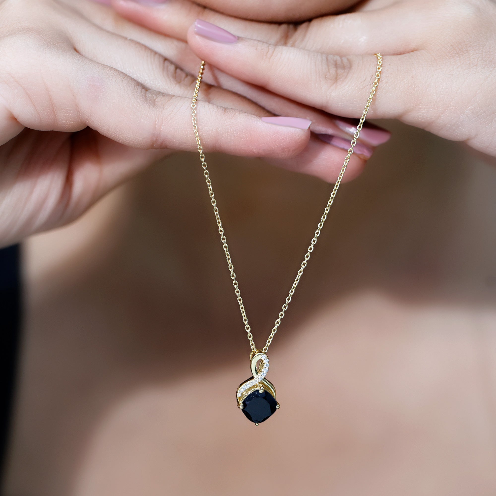 Cushion Cut 2 Carat Black Onyx Infinity Pendant Necklace with Lab Diamond