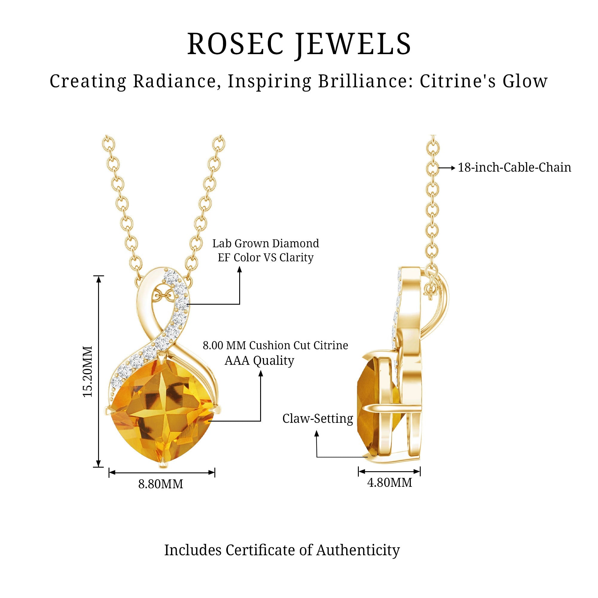 Citrine Infinity Necklace – 2.2 Carat Cushion Cut Pendant | Silver Chain