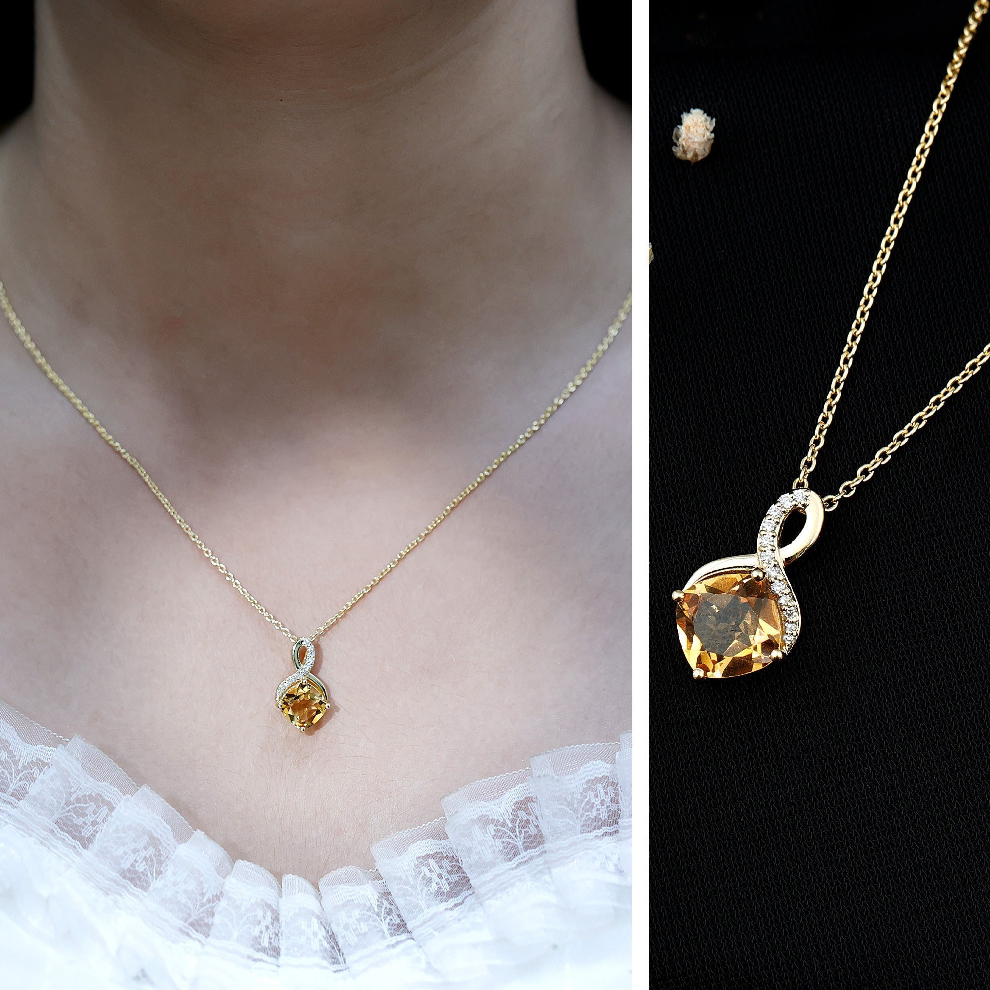 Citrine Infinity Necklace – 2.2 Carat Cushion Cut Pendant | Silver Chain
