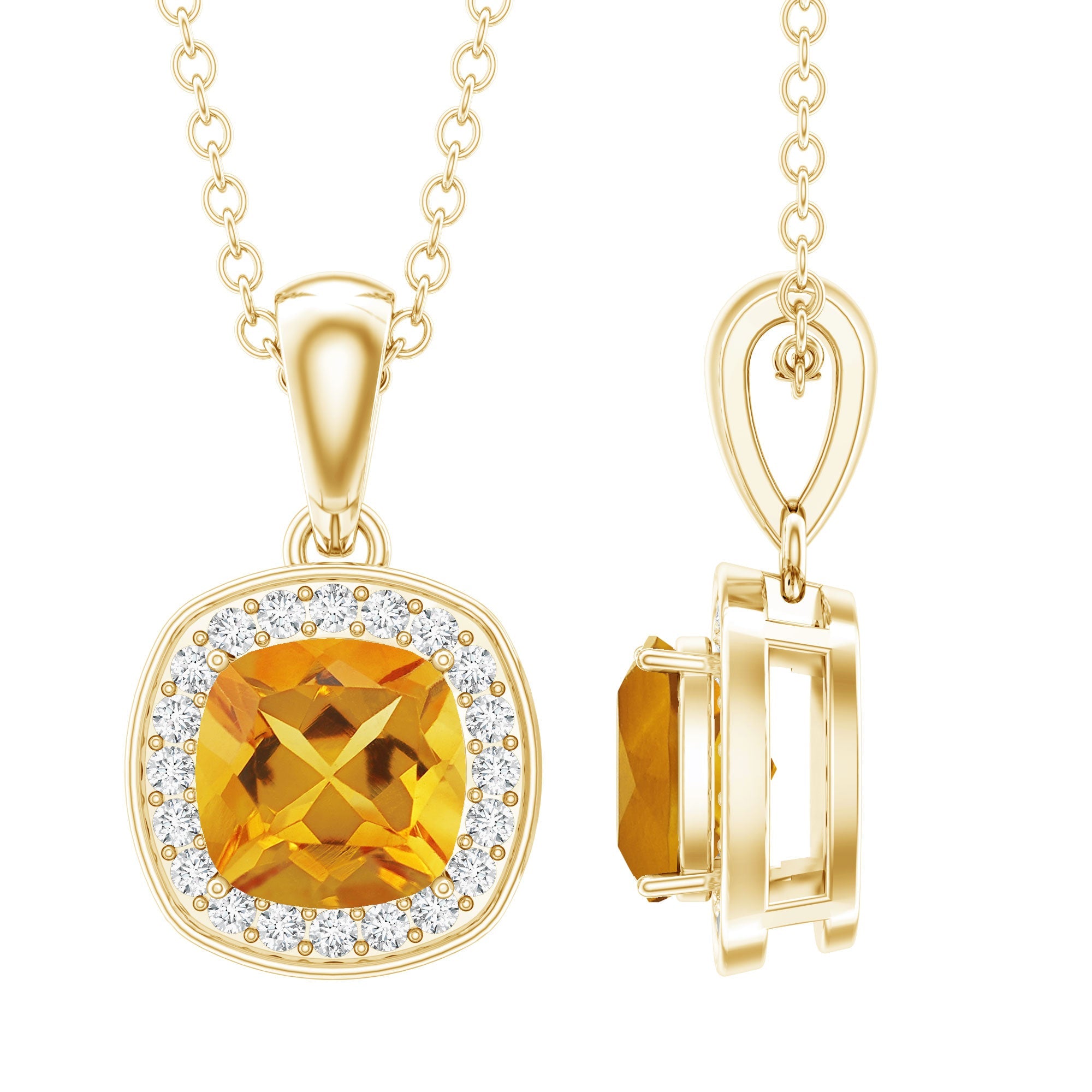 Citrine Halo Necklace – 0.9 Carat Cushion Cut Pendant with Diamond Halo Design