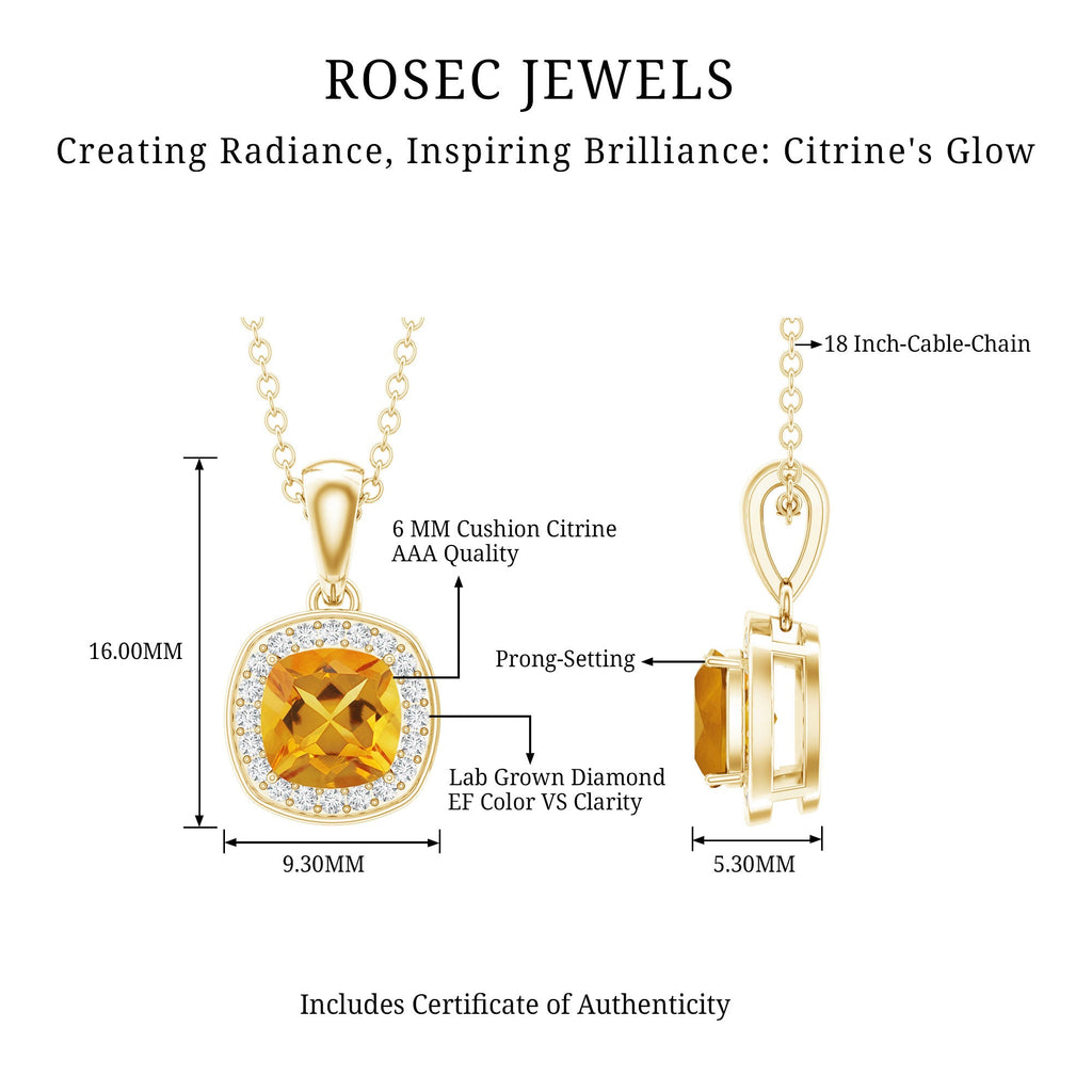 Citrine Halo Necklace – 0.9 Carat Cushion Cut Pendant with Diamond Halo Design