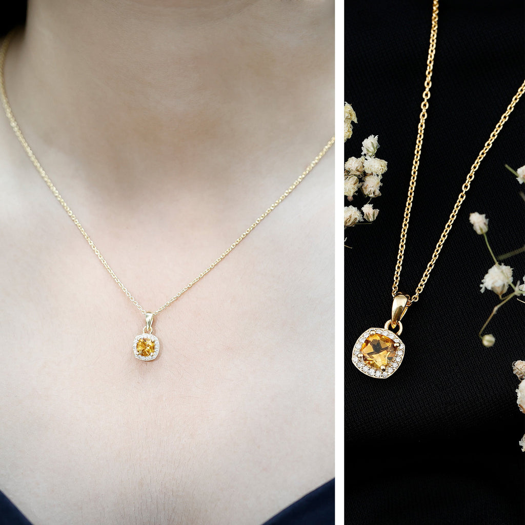 Citrine Halo Necklace – 0.9 Carat Cushion Cut Pendant with Diamond Halo Design