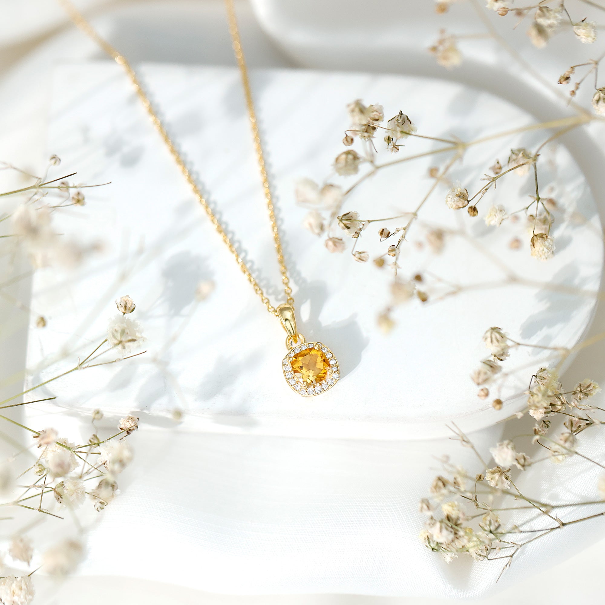 Citrine Halo Necklace – 0.9 Carat Cushion Cut Pendant with Diamond Halo Design