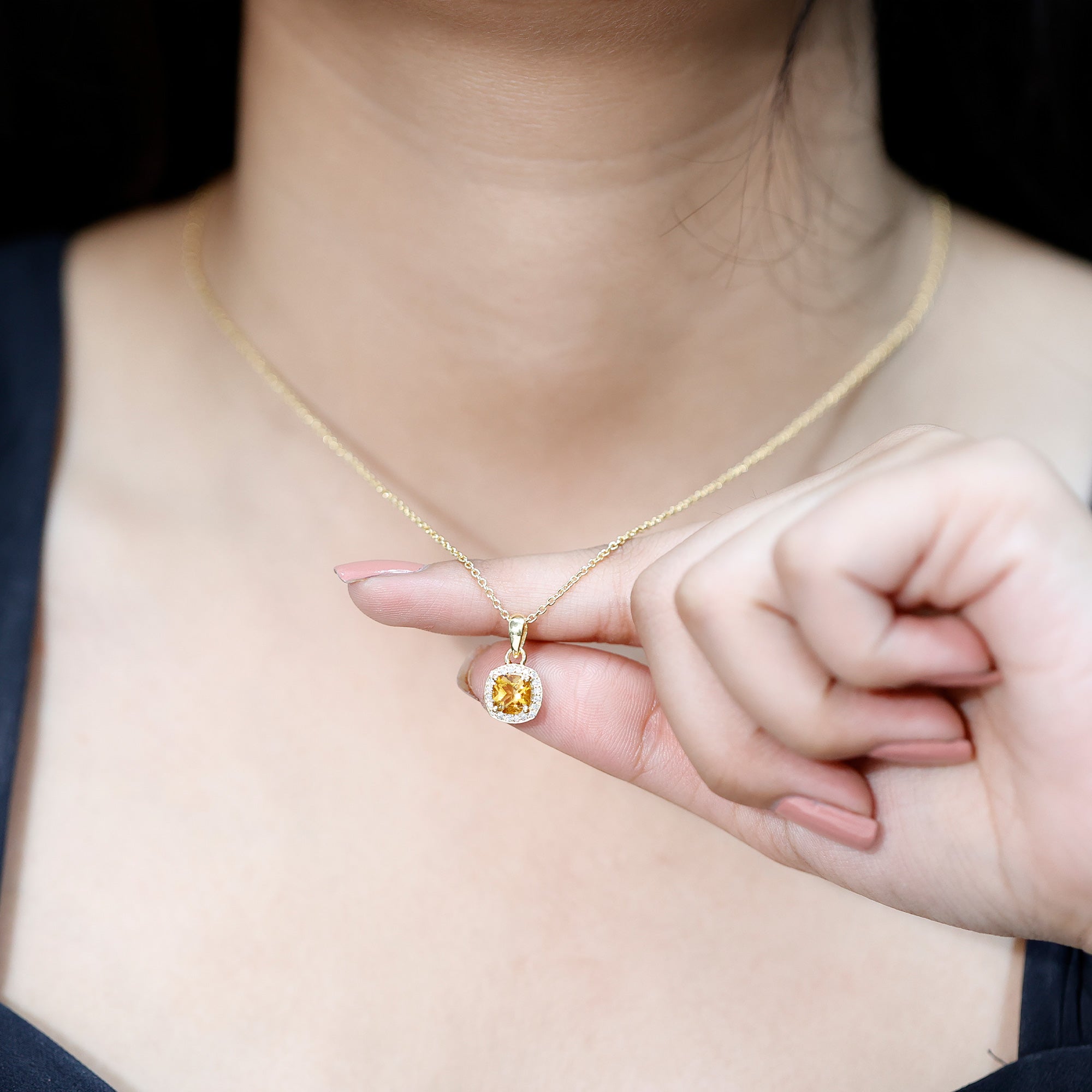 Citrine Halo Necklace – 0.9 Carat Cushion Cut Pendant with Diamond Halo Design