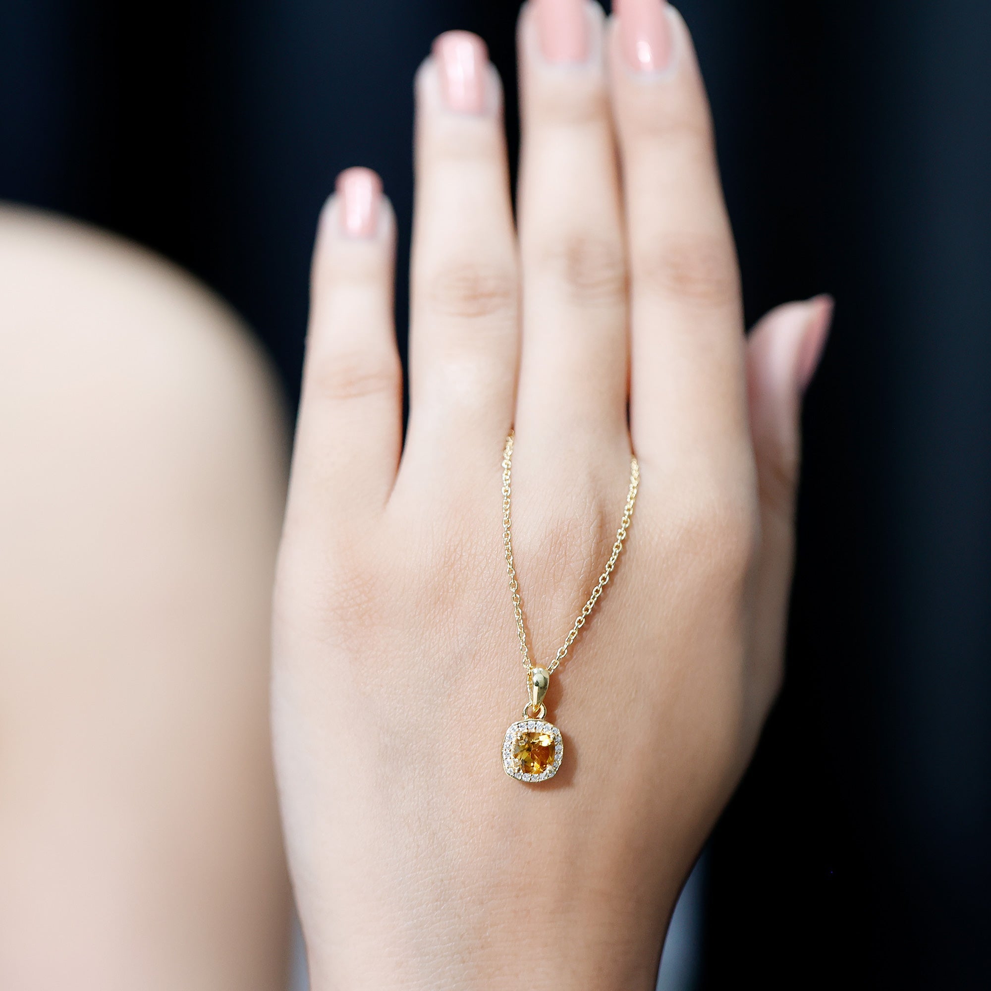 Citrine Halo Necklace – 0.9 Carat Cushion Cut Pendant with Diamond Halo Design