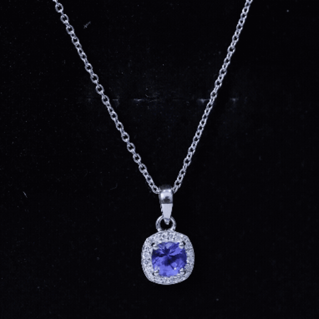 Tanzanite Necklace – Cushion Cut Pendant with Diamond Halo, White Gold