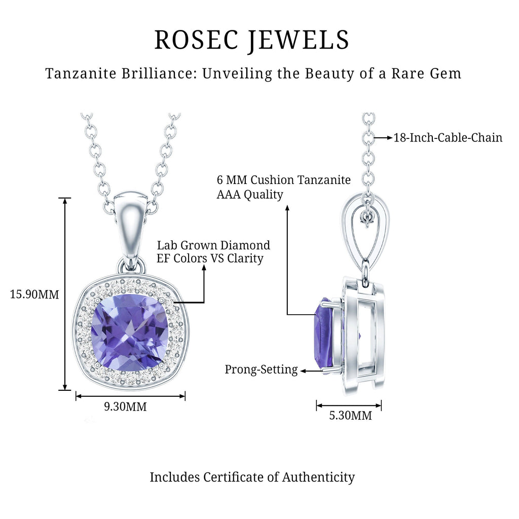 Tanzanite Necklace – Cushion Cut Pendant with Diamond Halo, White Gold