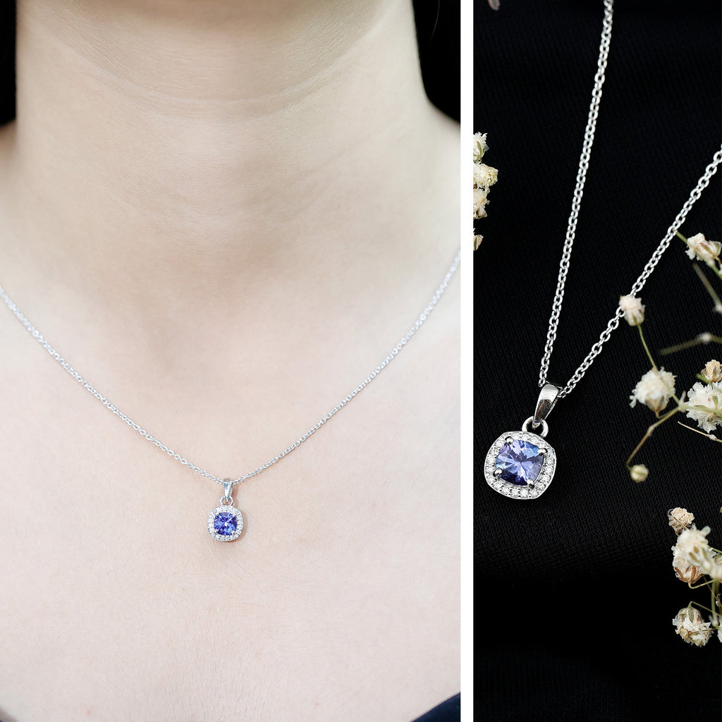 Tanzanite Necklace – Cushion Cut Pendant with Diamond Halo, White Gold